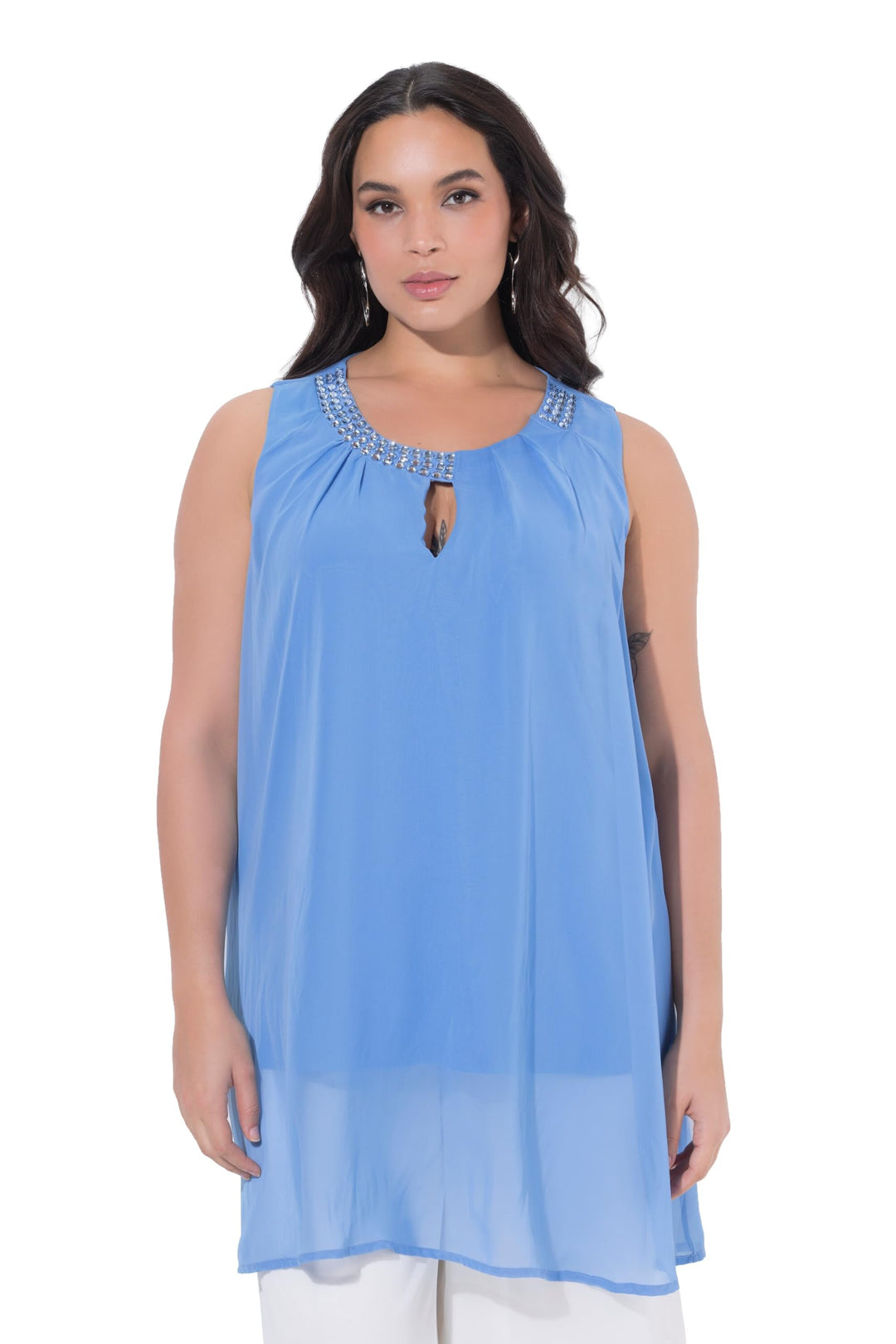 Ulla Popken Damen grosse Grössen Übergrössen Plus Size Longtunika, Ziersteine, A-Linie, Rundhals, är