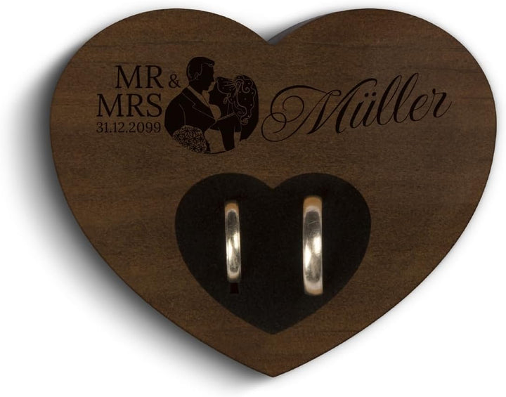 Hochzeit Ringkissen Herz Ringhalter individuell Namen 10 x 8,5 cm Kebony Holz - Mr & Mrs Kebony Holz