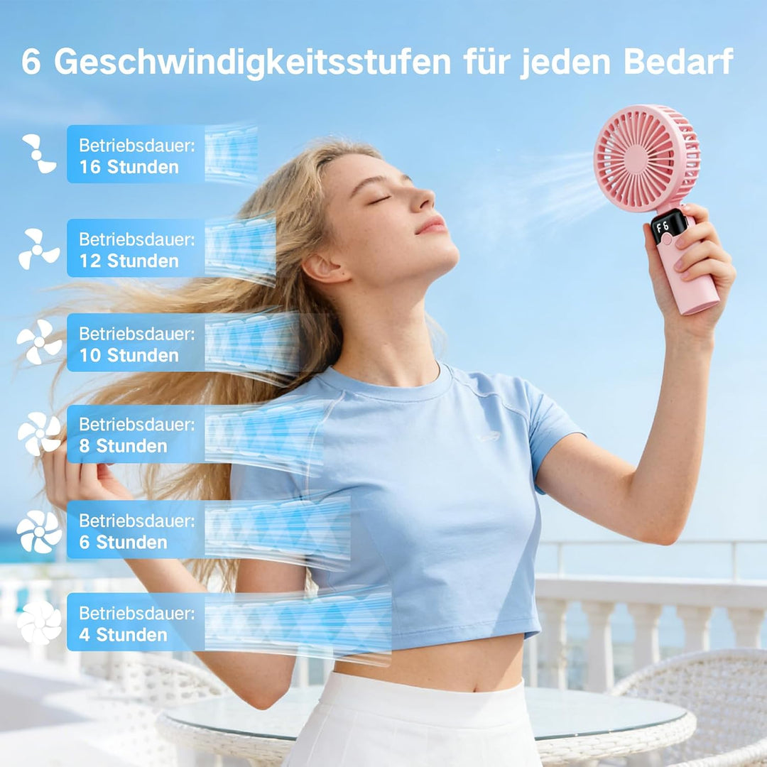 Handventilator, Tragbarer Mini Ventilator mit 4000mAh Akku, 6 Geschwindigkeitsstufen, 90° Faltbar Ha