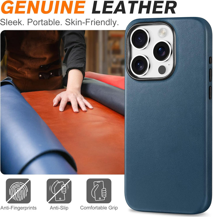 SHIELDON Hülle für iPhone 15 Pro Handyhülle Lederhülle [Erstklassig Echtleder] [Kabellos Laden] [Sta