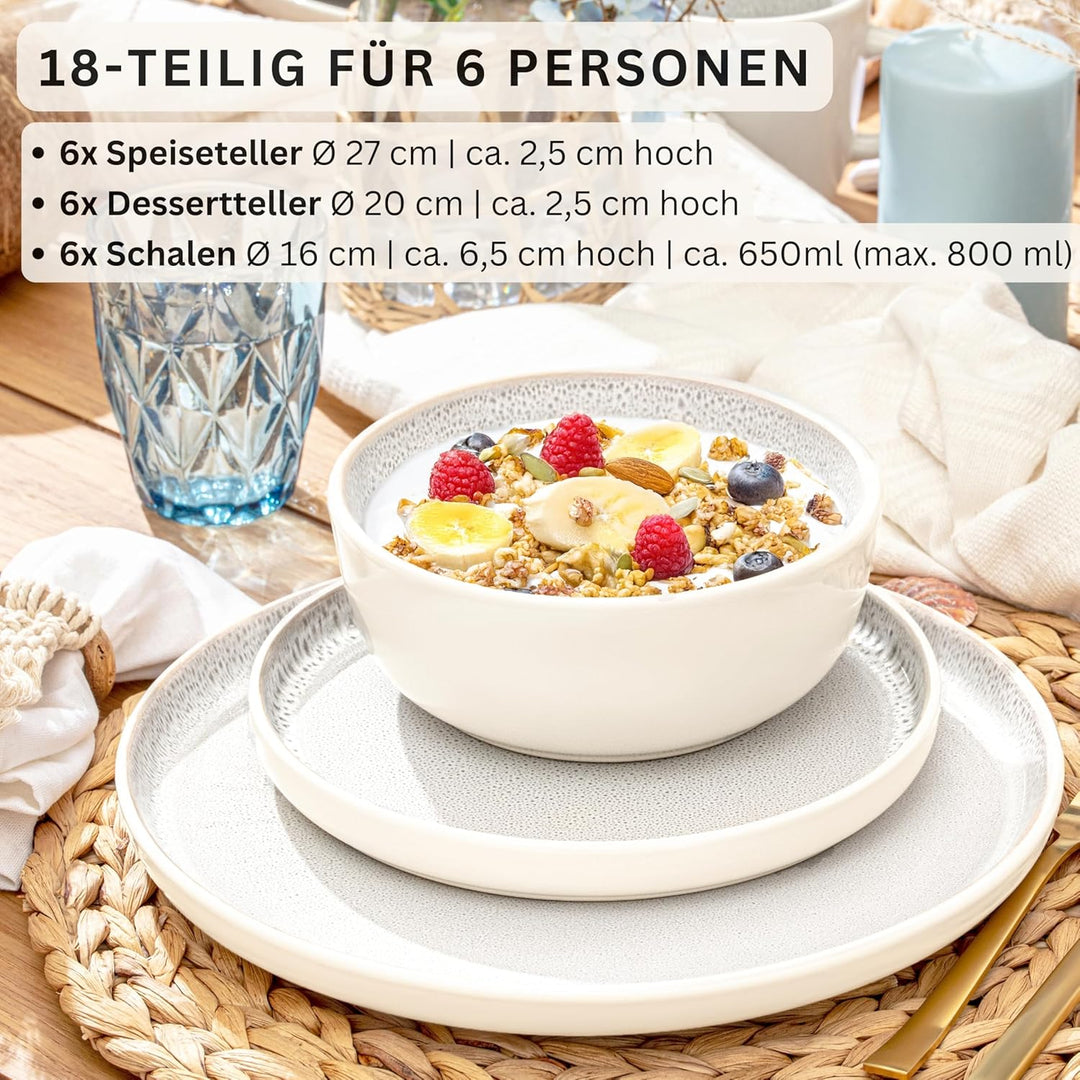 SÄNGER Kreta Steingut Geschirr Set 18 tlg, Teller Set 6 Personen | Geschirrset 6x Speiseteller 6x Mü