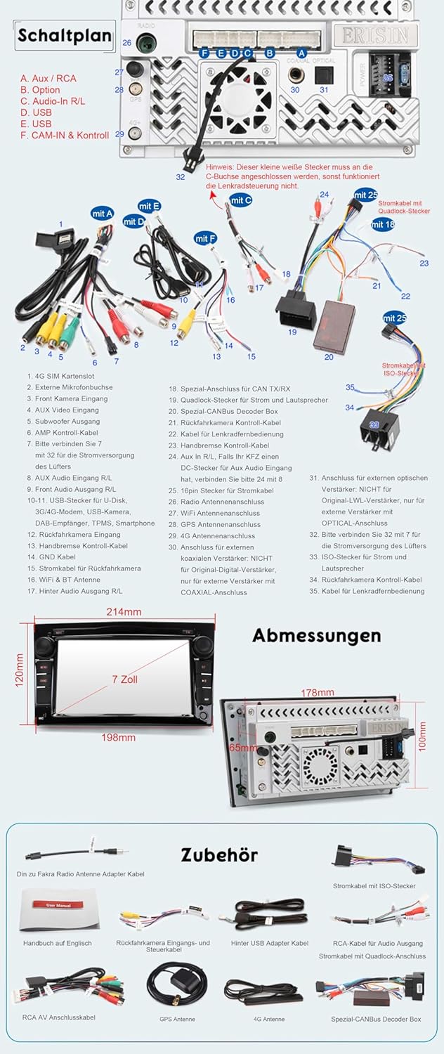Erisin Qualcomm Android 14 4GB+64GB 8-Kern Autoradio Bluetooth GPS Navi für Opel Corsa D Astra H Cor