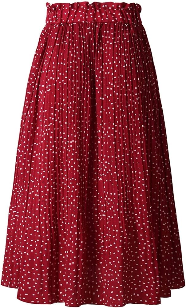 Hoerev Frauen Print Punkt mit Taschen Falten Langer Rock Beach Party Maxi Rock S Rot Punkt, S Rot Pu