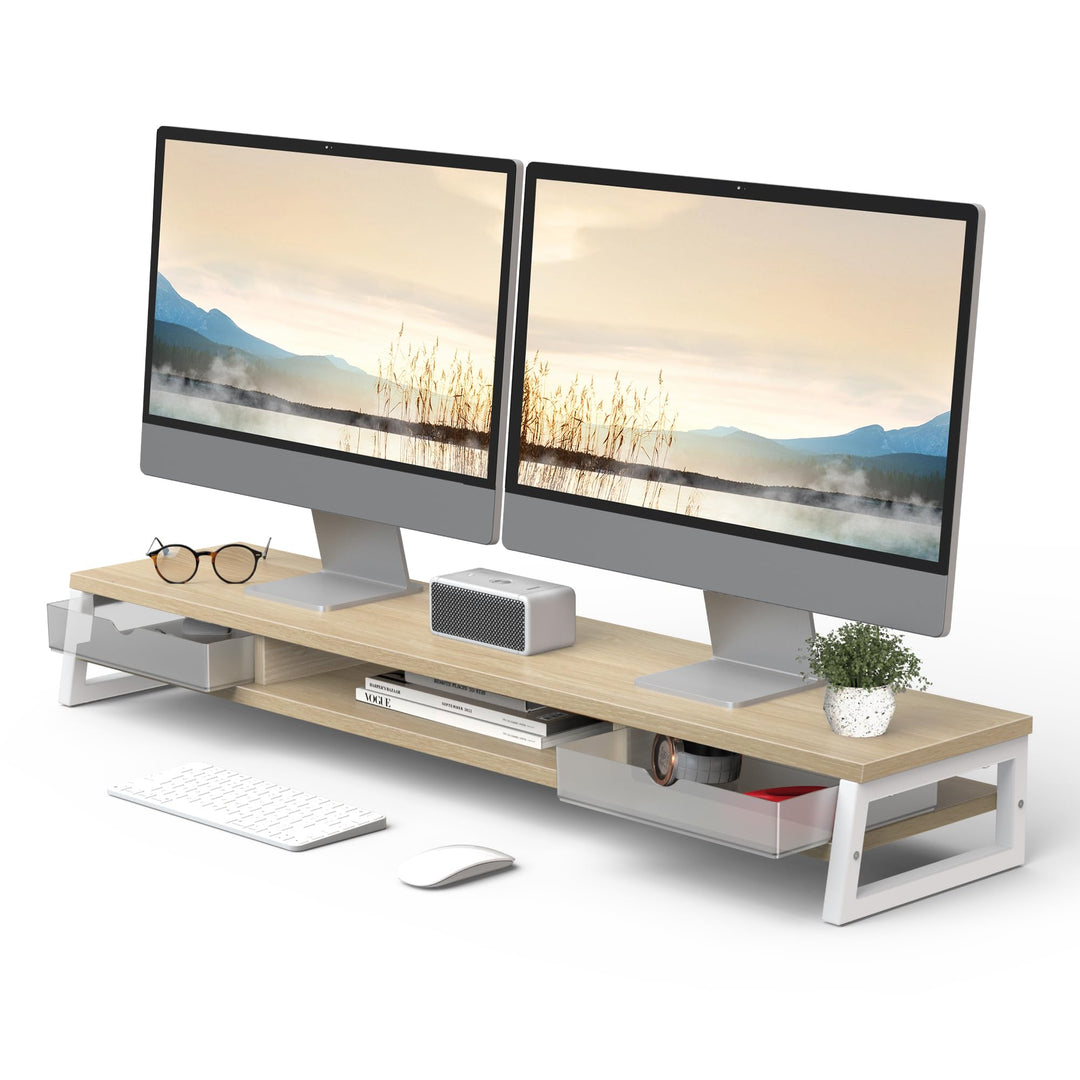 Fenge Dual Monitorständer Riser mit 2 Acryl Schubladen 2 Etagen 108cm Computer Bildschirmständer für