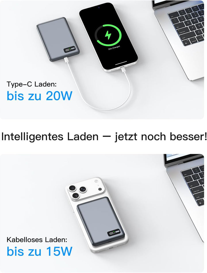 Powerbank Power Bank für MagSafe Slim Dünn 5000mAh Qi2 15W Max Digitalanzeige Schlank Schnellladen M