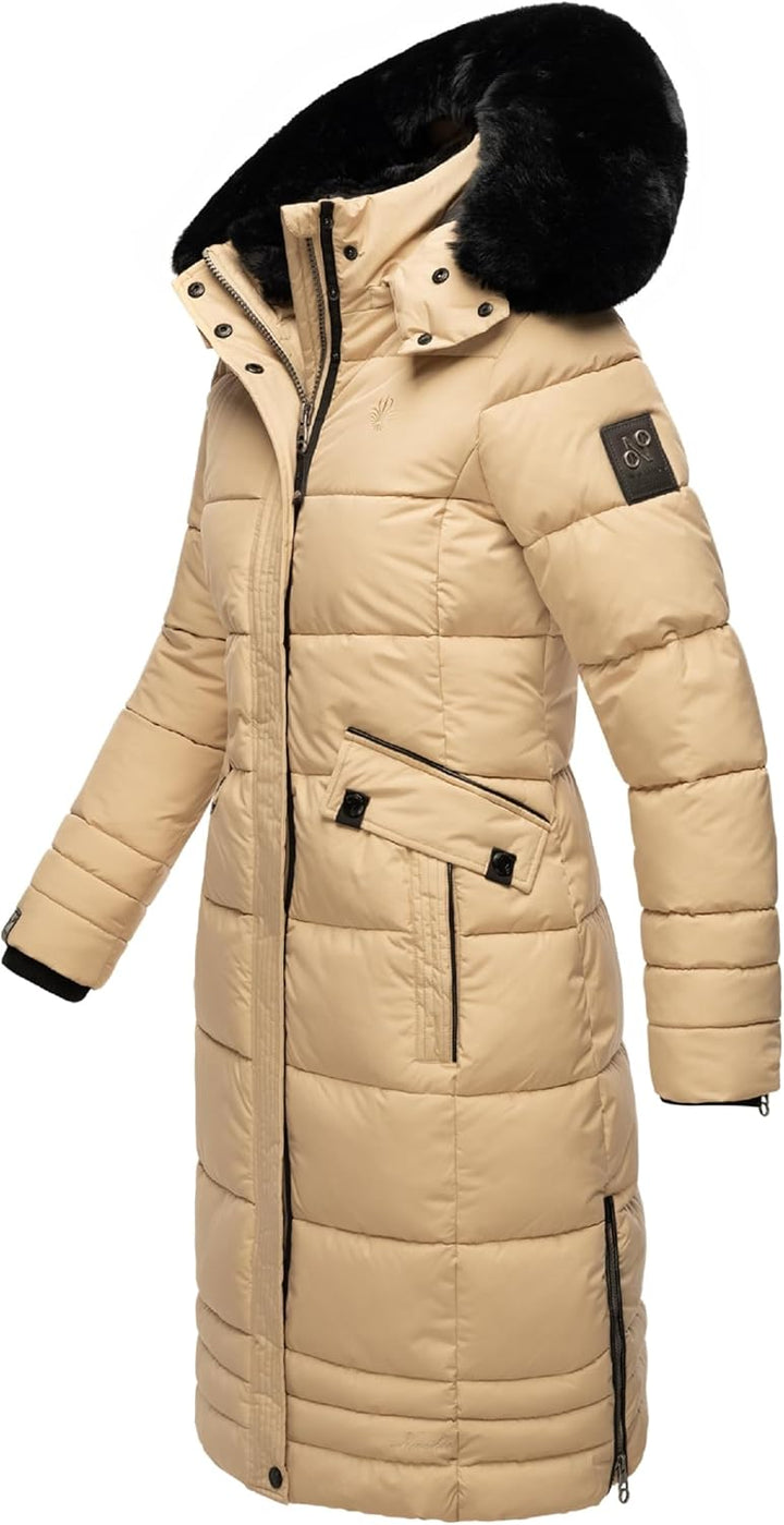 Navahoo Damen Wintermantel Warmer Steppmantel lang mit Abnehmbarer Kapuze Fahmiyaa XS-3XL M Beige, M
