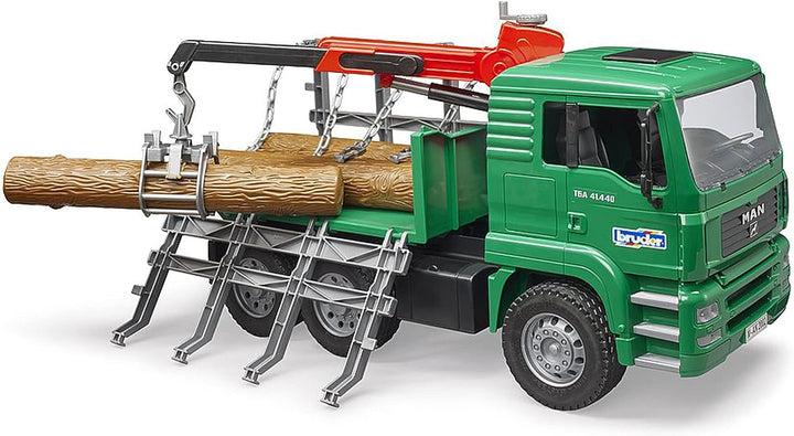 bruder 02769 - Man Holztransport-LKW mit Ladekran & 3 Baumstämmen - 1:16 Holztransporter Lastwagen L