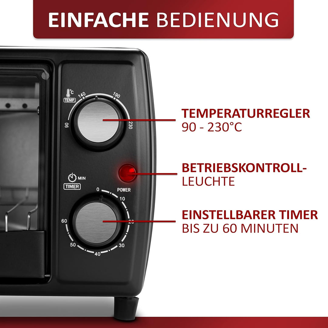 Mini Backofen | 1000 Watt | 10 Liter | inkl. Backblech und Grillrost | Pizzaofen | 90°-230°C | 60 mi