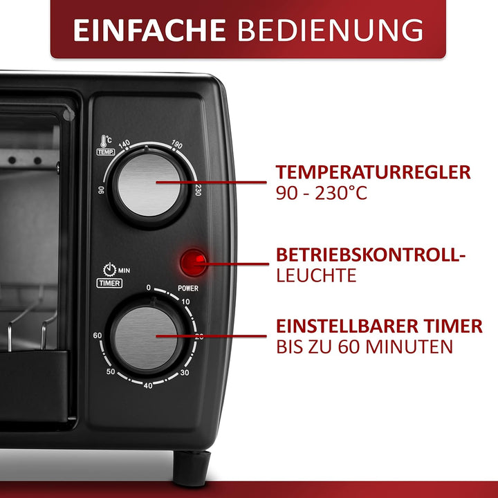 Mini Backofen | 1000 Watt | 10 Liter | inkl. Backblech und Grillrost | Pizzaofen | 90°-230°C | 60 mi