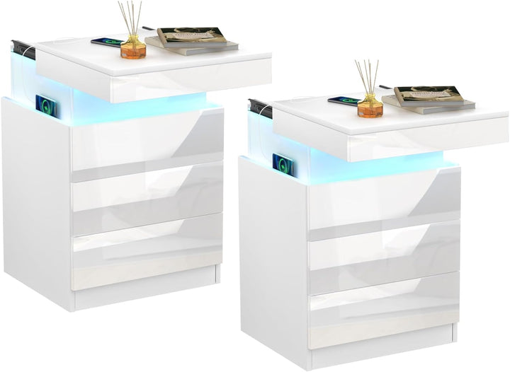 PIPIPOXER Nachttisch Weiss 2er Set, Nachtschrank mit Led Licht und Steckdose USB, Nachtkommode mit 3