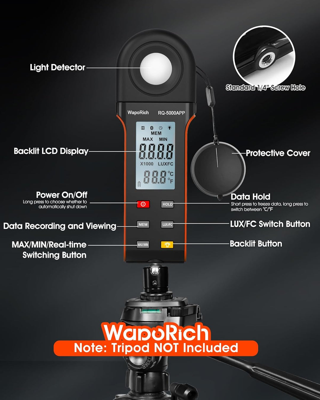 Luxmeter Bluetooth Lichtmessgerät, WapoRich Digital Light Meter Belichtungsmesser Misst 1~400,000Lux