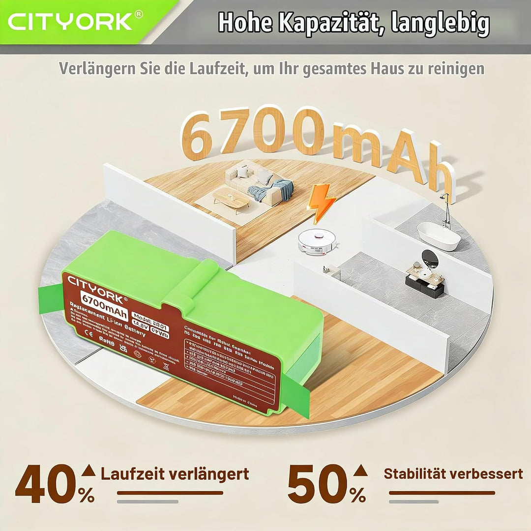 CITYORK 6700mAh Li-ion Ersatz Akku für iRobot Roomba 980 981 985 960 968 966 965 900, 880 896 895 89