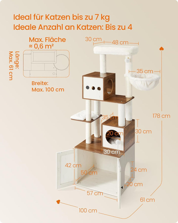 Feandrea Kratzbaum, Katzenbaum mit Katzenklo-Schrank, 178 cm hoch, Katzenkratzbaum, Kratzsäule, Plat