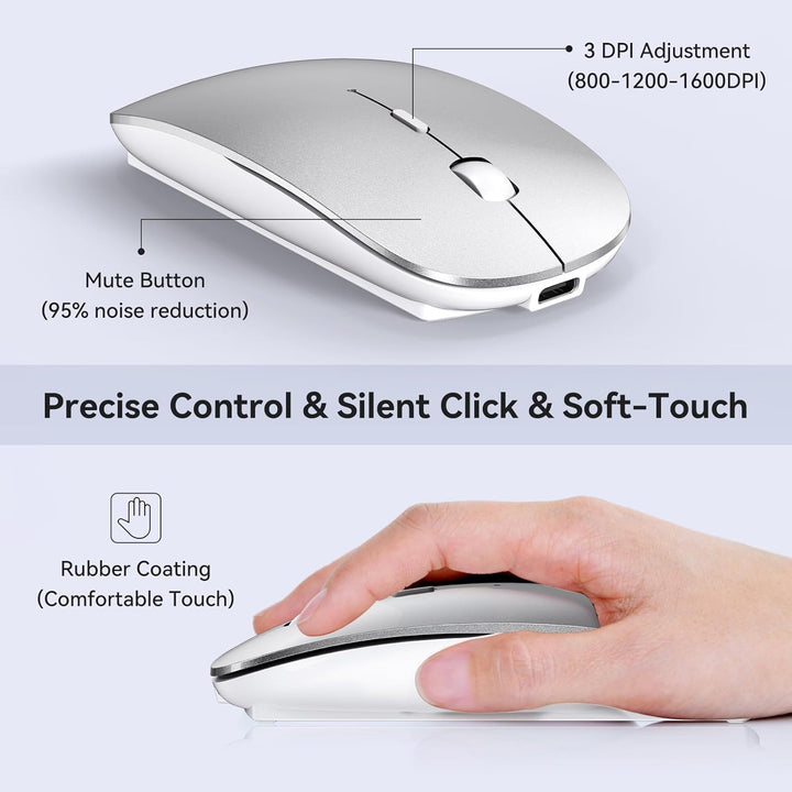 RaceGT Maus Kabellos USB-C & USB-A, Mouse Aufladbar 2,4GHz Leise klick 3 Adjustable DPI Level mit 4