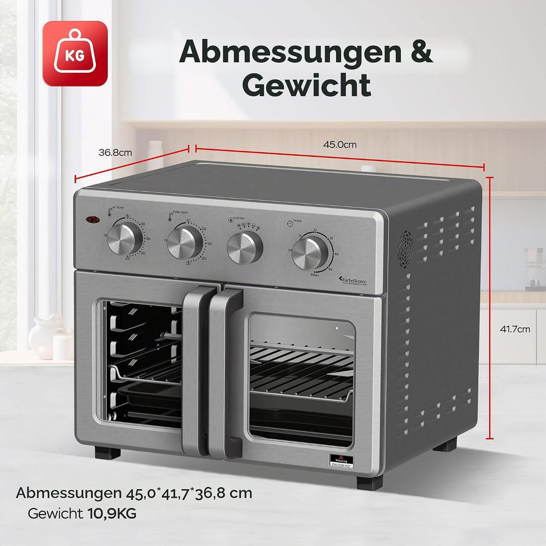 TurboTronic digitaler Heissluftofen - XXL 32 Liter mit Drehspiess für Hähnchen 4in1 Mini Backofen &amp;
