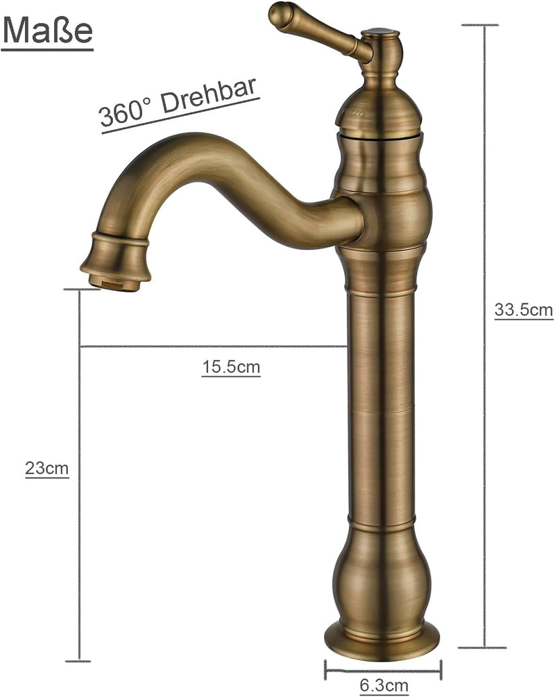 FWZZQ Wasserhahn Bad Antik Messing, Waschtischarmatur Hoch 360°Drehbar, Waschbecken Armatur Retro, E