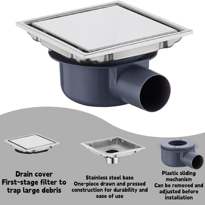 Duschrinne Quadratisch Edelstahl Bodenablauf mit 360° Siphon Geruchsstop, 2 in1 Befliesbar Ablaufrin