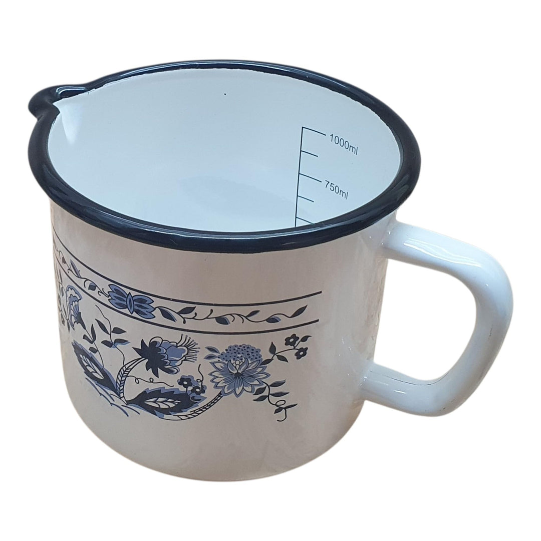 Milchtopf, Emaille, 1 Liter, Weiss mit Blauem Blumenmuster, mit Ausgiesser und Griff, Vintage-Stil