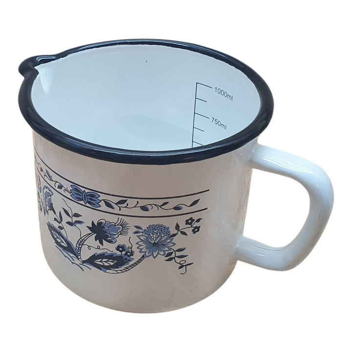 Milchtopf, Emaille, 1 Liter, Weiss mit Blauem Blumenmuster, mit Ausgiesser und Griff, Vintage-Stil