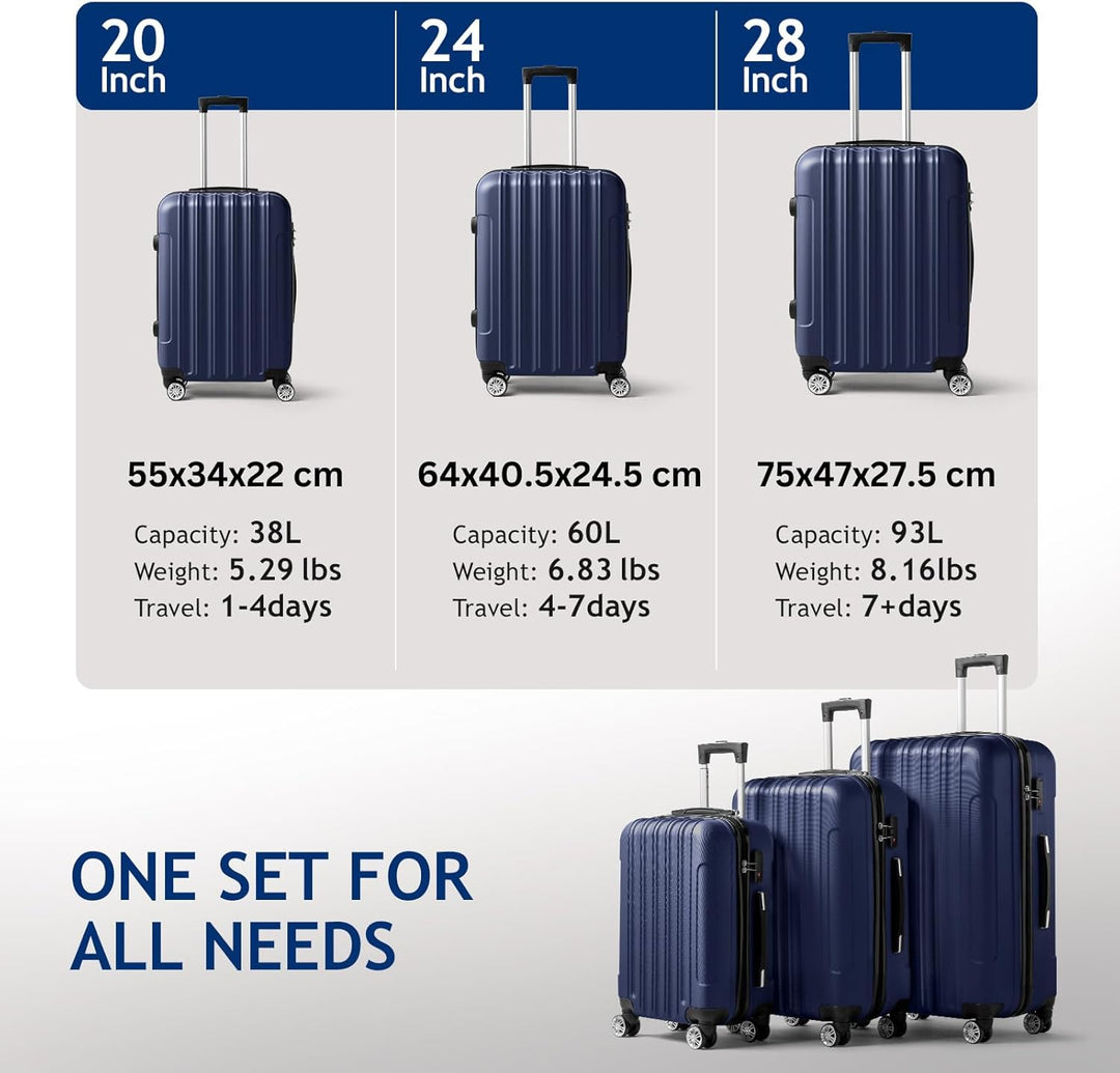 LEADZM 3er Kofferset Rollkoffer Hartschalen Reisekoffer Trolley Set Handgepäck 4 Rollen (Marineblau)