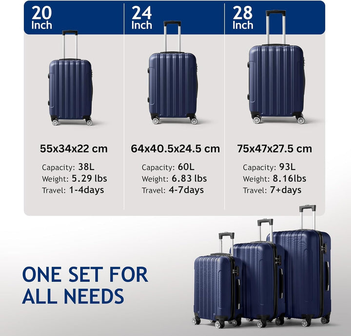 LEADZM 3er Kofferset Rollkoffer Hartschalen Reisekoffer Trolley Set Handgepäck 4 Rollen (Marineblau)