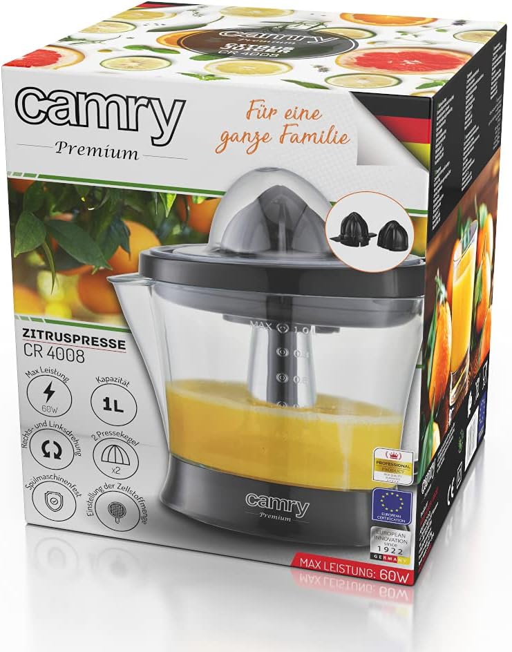 Camry CR4008 Elektrische Zitruspresse, Orange, 1000 ml, 2-Wege-Drehung, staubdicht, 40 W, CR 4008