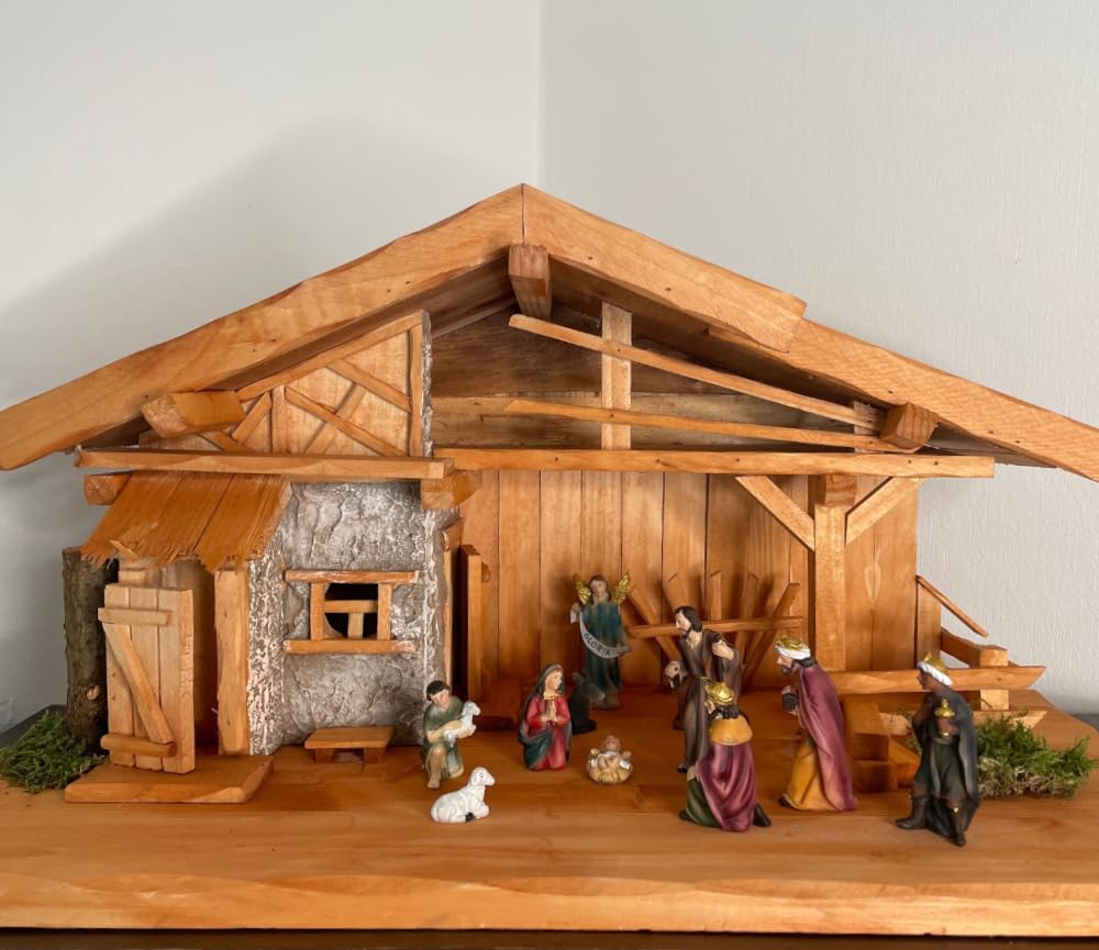 Handgefertigte Weihnachtskrippe aus Holz mit handbemalten 11 Figuren I Tisch Krippe I Weihnachten I