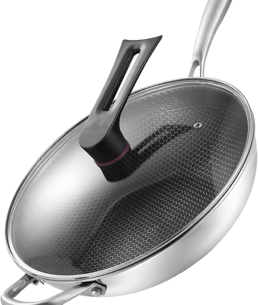 Wok, Wok-Pfanne mit Geschnitzter Mikrogravur, 3-lagiger Doppelseitiger Waben-Edelstahl-Wok für die K