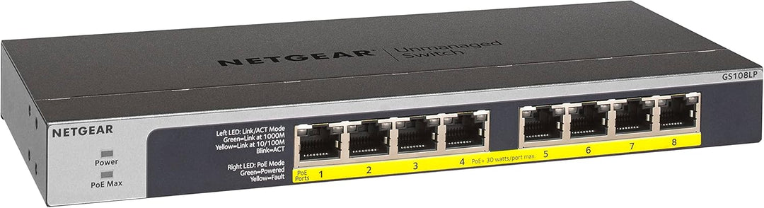 NETGEAR GS108LP PoE Switch 8 Port Gigabit Ethernet LAN Switch mit 8x PoE+ 60W (Plug-and-Play Netzwer