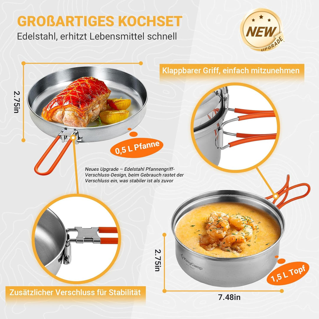 KingCamp Camping Geschirr Set 2-4 Personen I Camping Kochgeschirr aus Edelstahl I Camping Töpfe mit