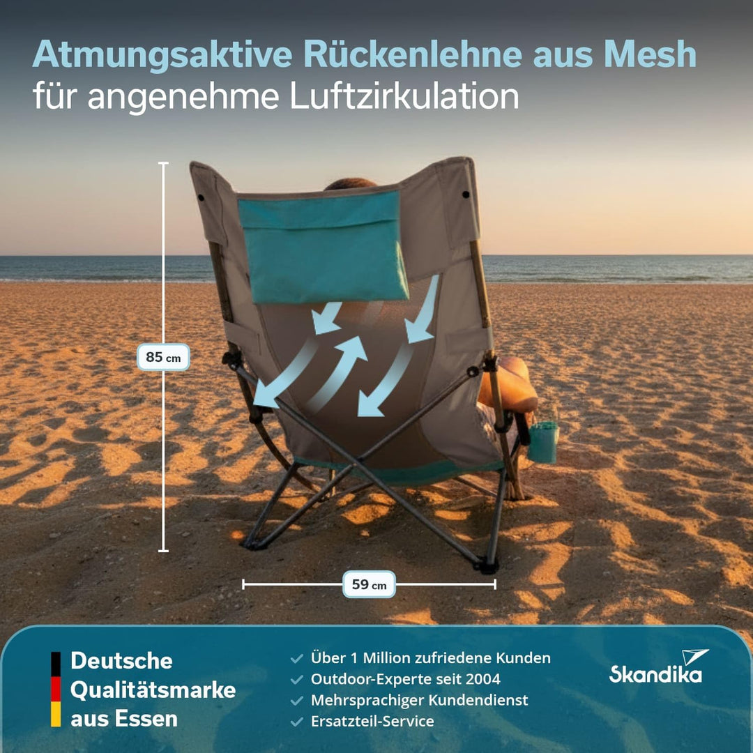 Skandika Strand Klappstuhl Beach | Bequemer Strandstuhl mit atmungsaktivem Mesh, Getränkehalter, nie