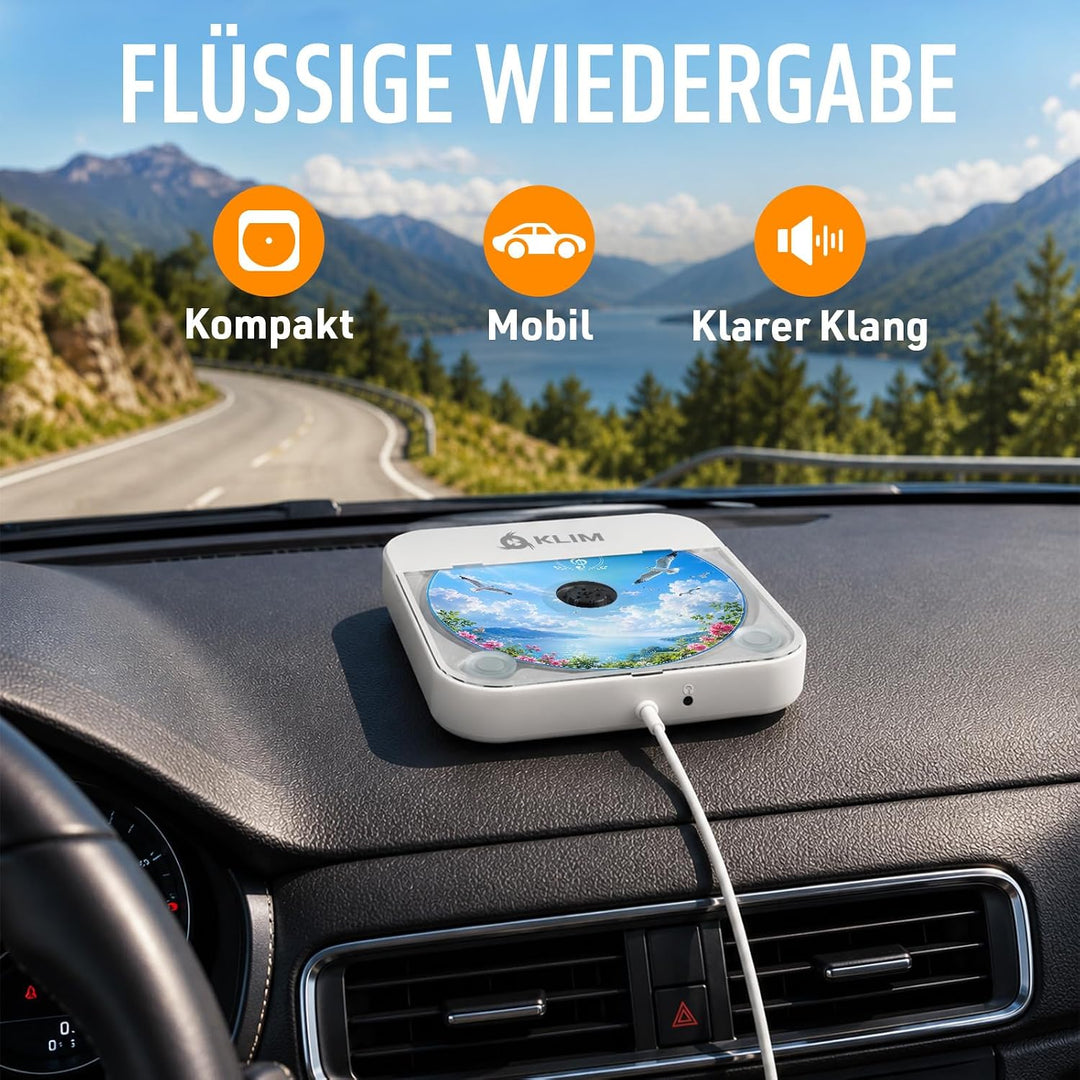 KLIM CD Player für Auto – Tragbarer USB CD Player, Externes CD-Laufwerk fürs Auto, Anti-Schock, Plug