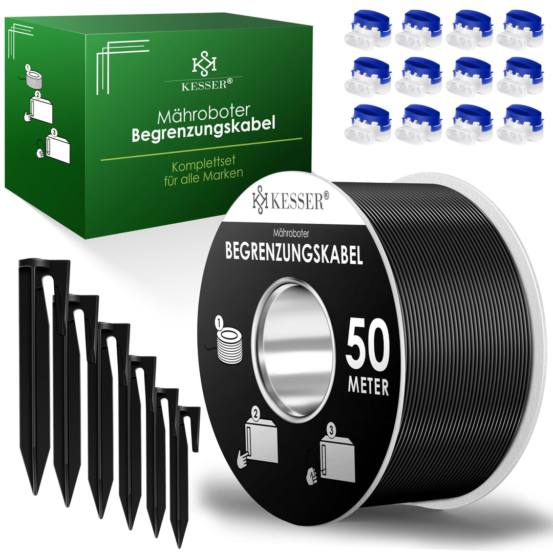 KESSER® Begrenzungskabel 50m + 200 Erdspiesse + 12 Kabelverbinder für Mähroboter Rasenmäher Rasenrob