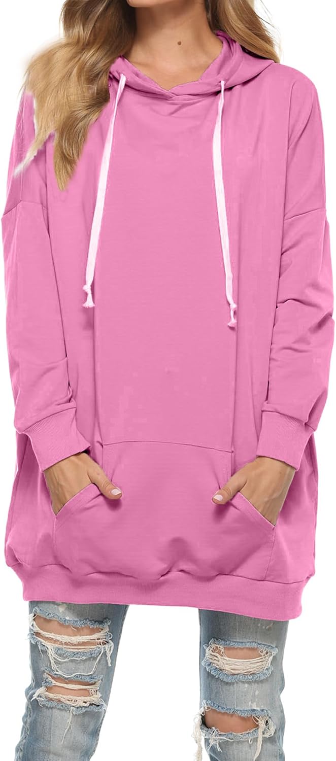 Famulily Damen Oversized Hoodie Kleid Baumwolle Lang Sweatshirt mit Kapuze Einfarbige Kapuzenpullove