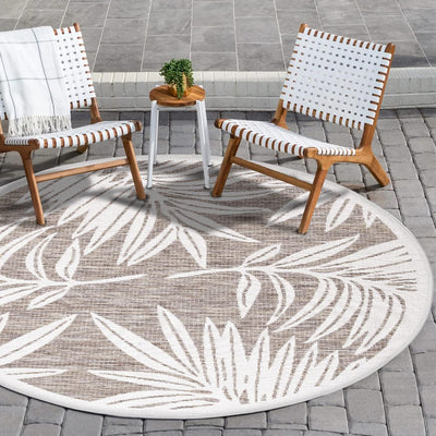 payé Outdoor Teppich Rund - 160x160cm - Wetterfest - Beige Weiss - Pflanzen Muster - Teppiche für Te