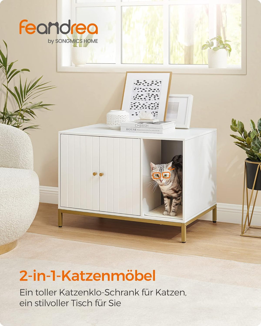 Feandrea Katzenklo-Schrank, Katzenhaus, Katzentoilette, mit Kratzmatte, hohe Beine, für Katzen, Beis