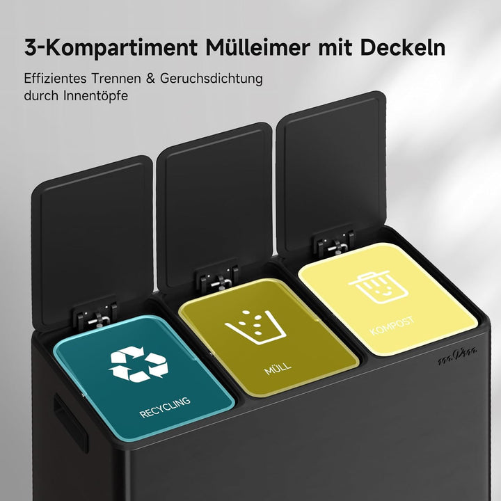 mVm Mülleimer Küche,45 Liter Treteimer,3 x 15 Liter Treteimer, 3 Fächer, Mülltrennsystem, Abfalleime
