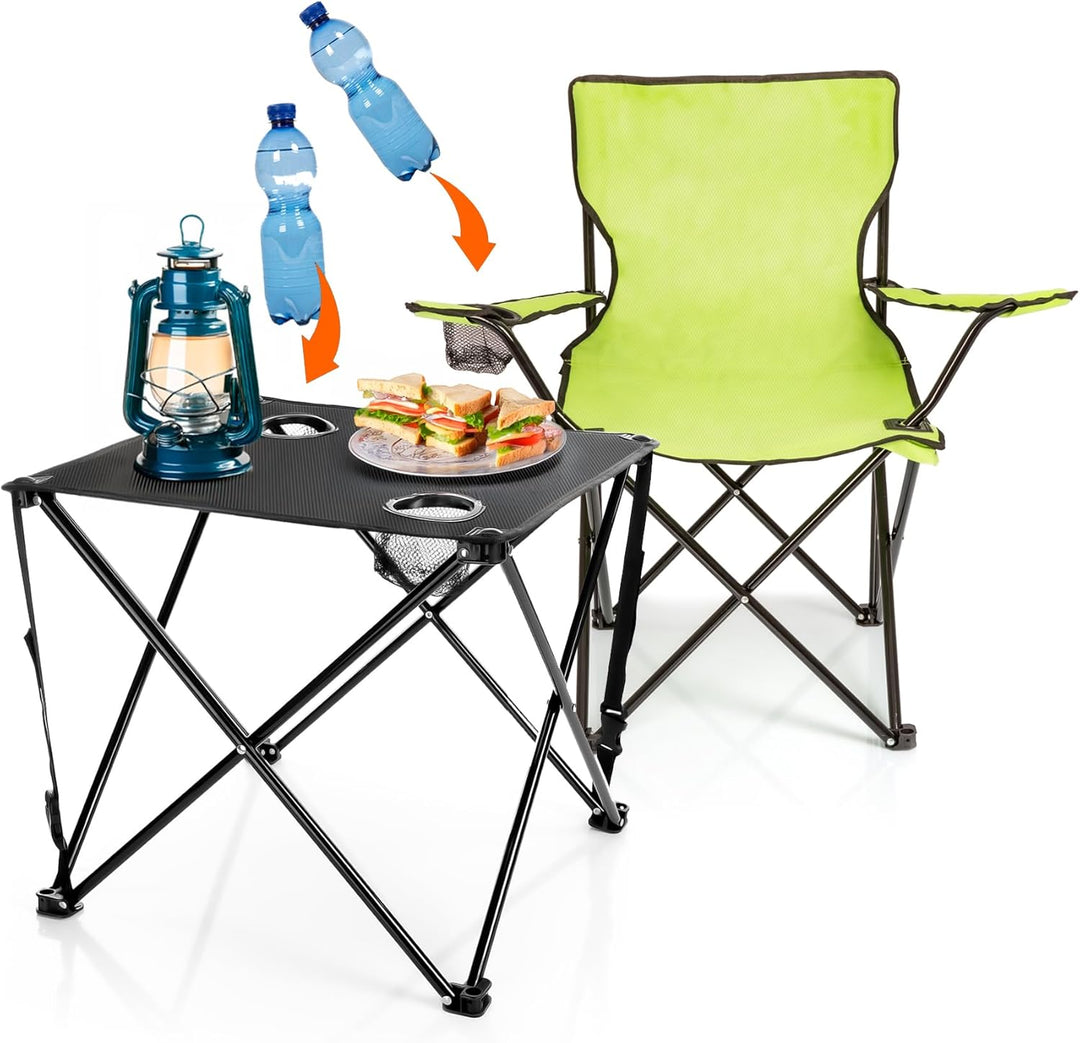 BigDean 2 Stück Campingstuhl mit Campingtisch faltbar – Faltstuhl in Neon Grün mit Getränkehalter &