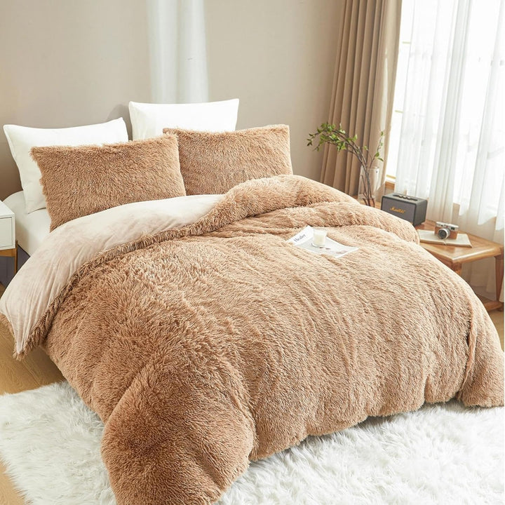 Freyamy Plüsch Bettwäsche 155x220cm Winter Khaki Langhaar Kunstfell Flanell Winterbettwäsche Samt Bi