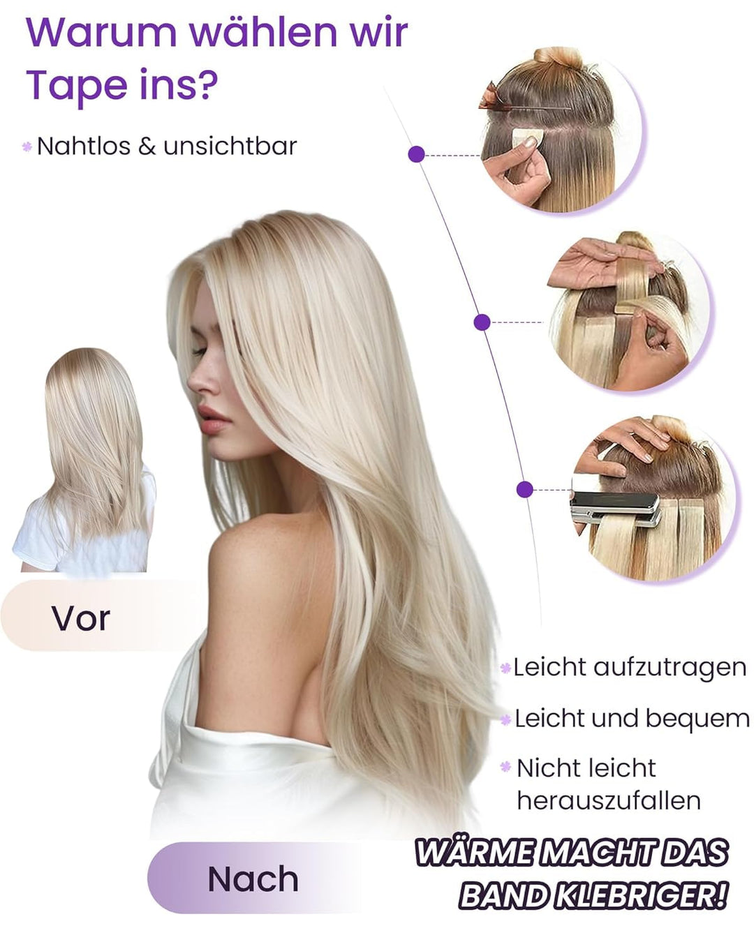 LaaVoo Braun Echthaar Tape Extensions 50cm Invisible Tape Extensions Echthar Dunkelbraun Haarverläng