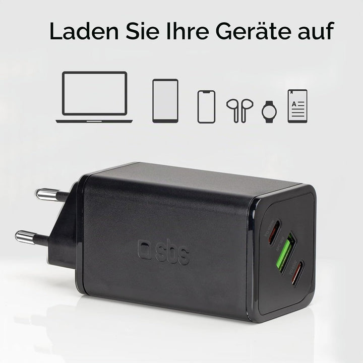SBS Mehrport-Ladegerät 100W, 2 USB-C-Anschlüsse, 1 USB-A-Anschluss, GaN, Power Delivery, kompakt, id