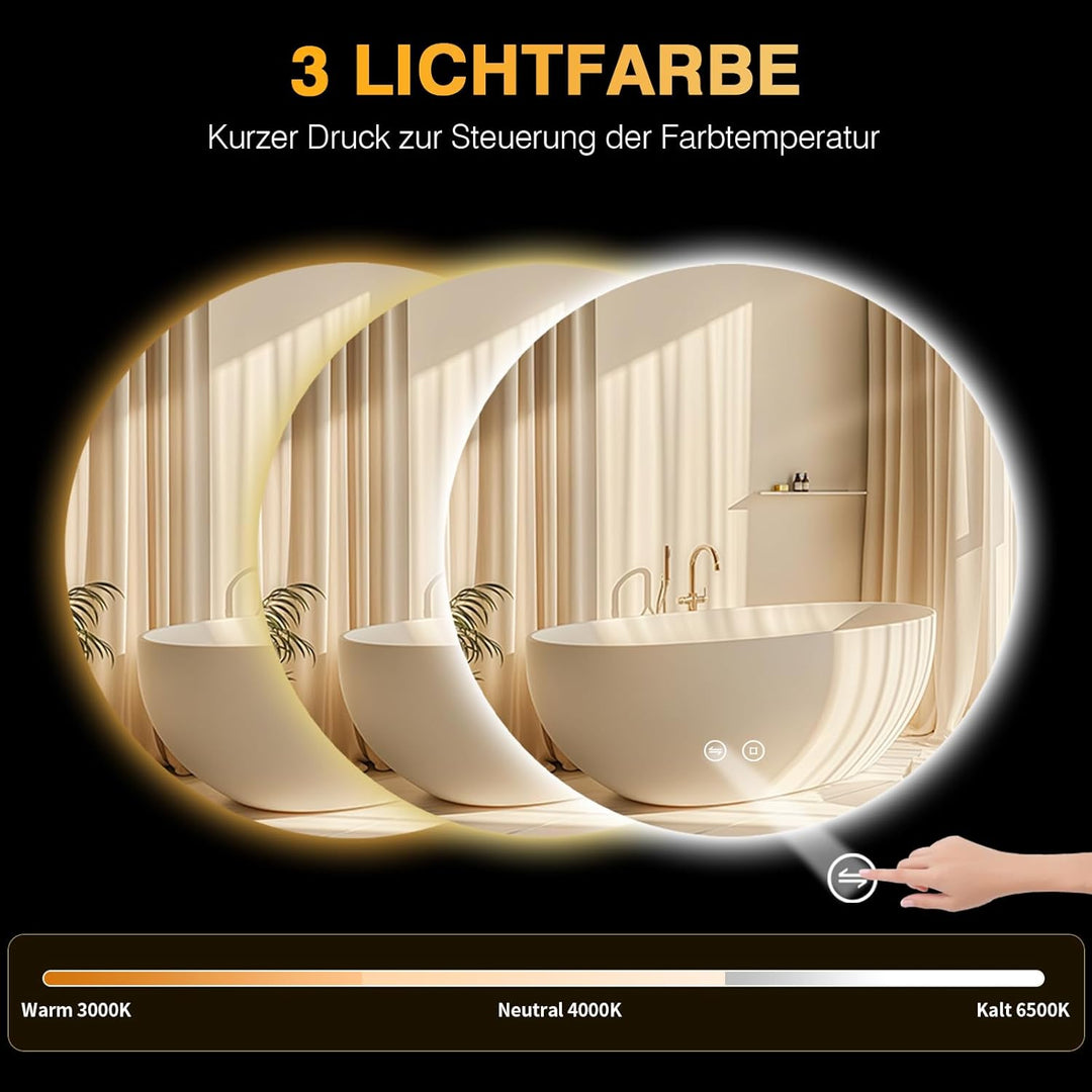 Runder Spiegel mit Beleuchtung, 60cm LED Bad Spiegel mit Licht, 3 Lichtfarben, Dimmbar, Touch-Schalt