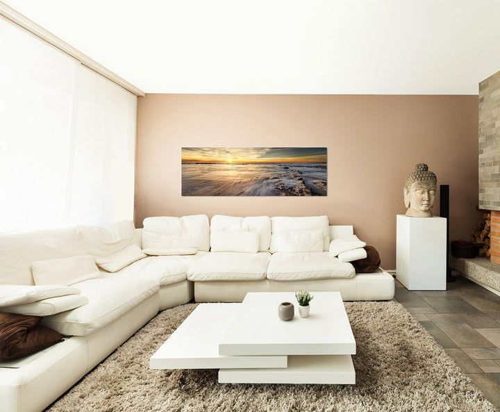 Paul Sinus Art Panoramabild auf Leinwand und Keilrahmen 150x50cm Meer Felsen Wolken Sonnenuntergang