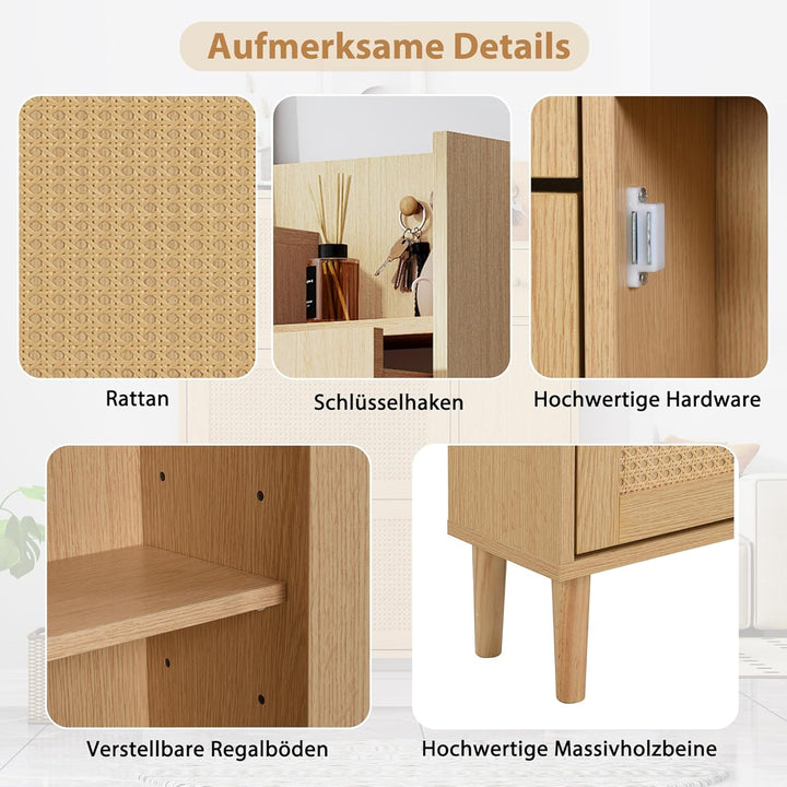 Merax Schuhkipper Schmal, Holzwerkstoff Schuhschrank aus Rattan, Schuhregal mit 3 Klappenschubladen,