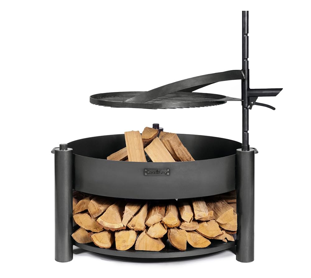 CookKing Feuerschale Montana X 60 mit Holzlager und Zubehör aus Rohstahl Ø 60 cm handgeschweisst wet