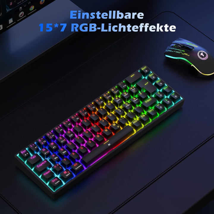 TECURS Gaming Tastatur Kabellos, Mechanische Tastatur RGB QWERTZ (German Layout) mit Rote Schalter f