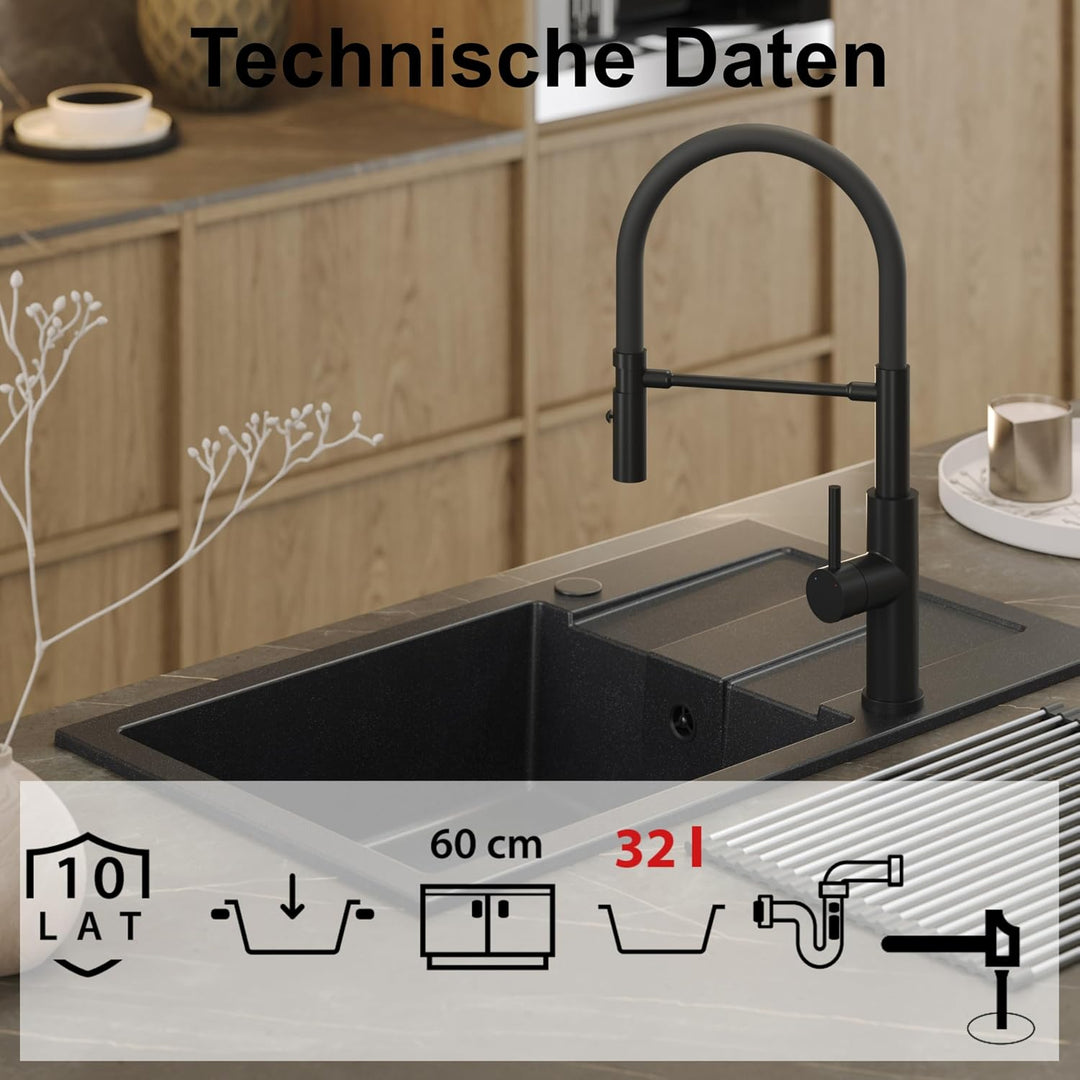 QUADRON | CHRISTIAN 136 XL | Granitspüle | 1-Kammer-Einbau | Masse: 78 x 45 x 18,5 cm | Schrankunter