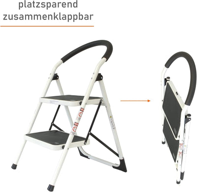 Stahl Klapptritt zusammenklappbar | 2 extra breite Stufen mit Anti-Rutsch-Matten | 84 cm Höhe | Trit