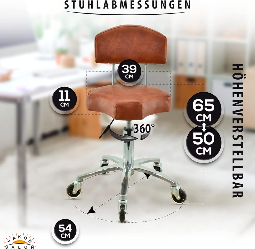 VAKON SALON - Ergonomischer Rollhocker mit Lehne in Hellbraun - Höhenverstellbarer von 50-65 cm - Pr