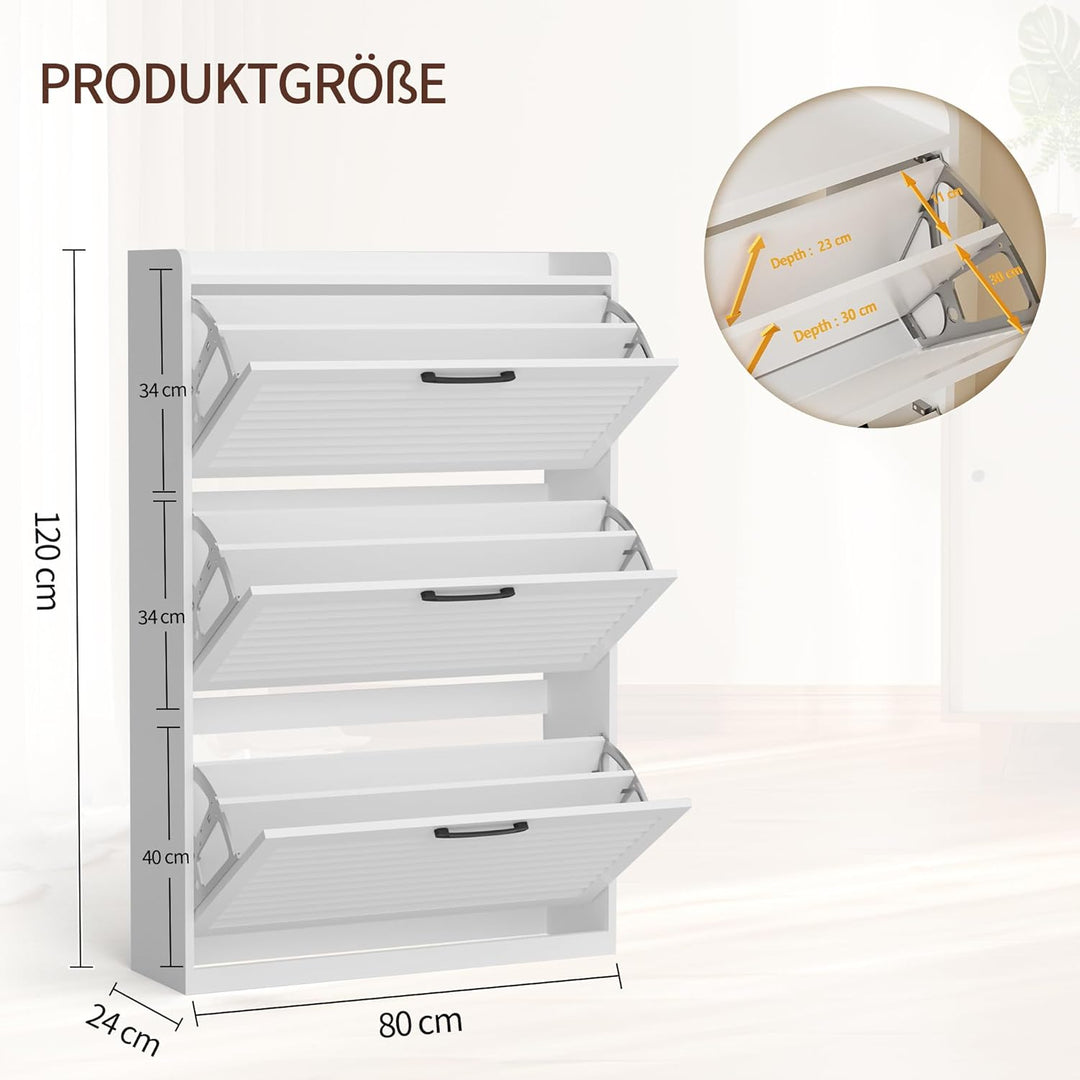 Schuhschrank Schmal, Schuhkipper mit Lamellentür, Schuhregal mit 3 Klappen, Schuhkommode mit 6 Verst
